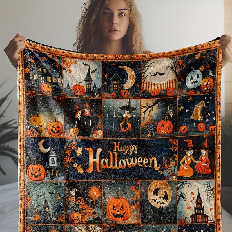 Comfortable Retro Halloween Themed Pumpkin and Bat Patterned Flannel Blanket Soft and Warm Multifunctional Ideal Gift Blankets