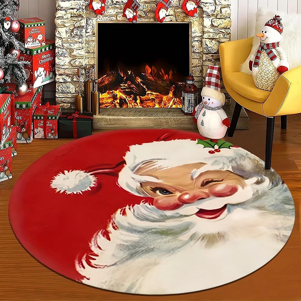 Ein verträumter runder Weihnachtsteppich, dekoriert mit Schneeszenen, Hütten- und Weihnachtsmannmotiven. Perfekt für Schlafzimmer und Neujahrs-Heimdekoration.