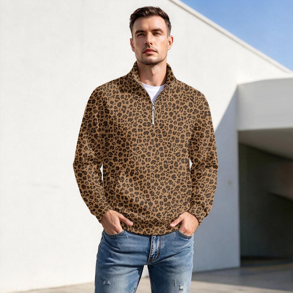 Herren Pullover mit Reißverschluss, Leopardenmuster, Stehkragen, Lässig, Knitterfrei, Sportliches Oberteil für Herbst Winter