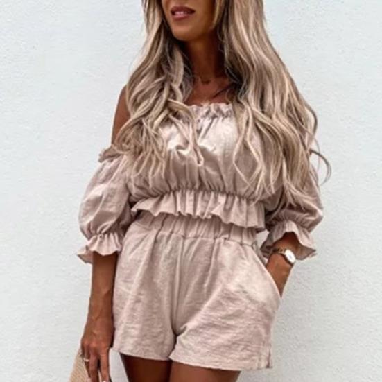 2 ks/sada Dámský crop top a šortky set Řasení Krátký Nafouknutý rukáv Odhalená ramena Bez zad Bandeau Vysoký pas Jednobarevný Kapsy Dámský Klubový párty outfit