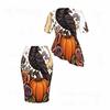 Women Plus Size Round Neck Short Sleeve Cute Bear Pumpkin Printed Asymmetric Top Fitted Skirt Two Piece Set