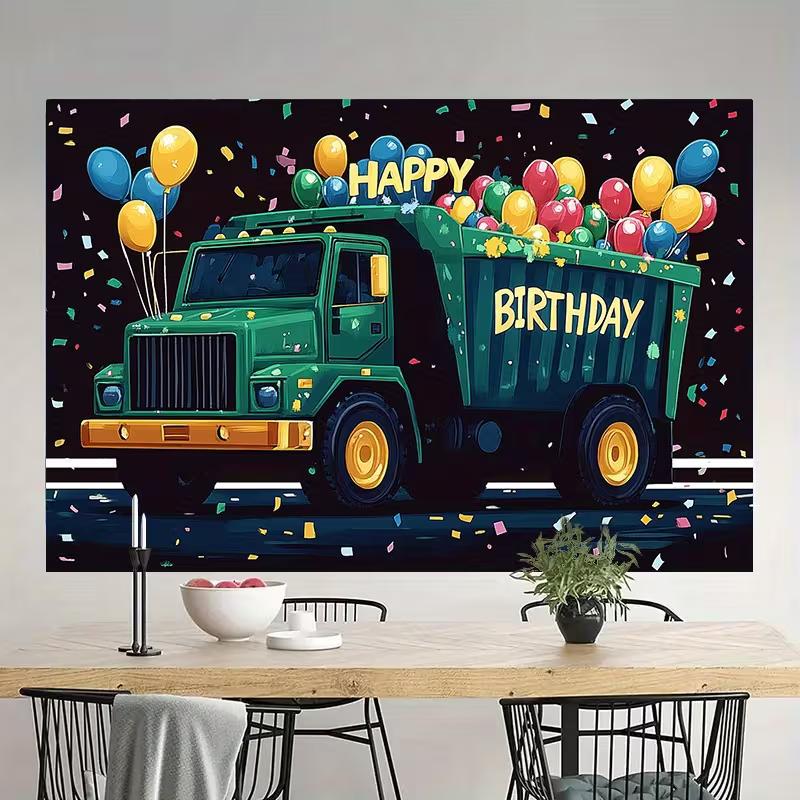 2D "Happy Birthday" Dump Truck Backdrop, Construction Boys Party Decor