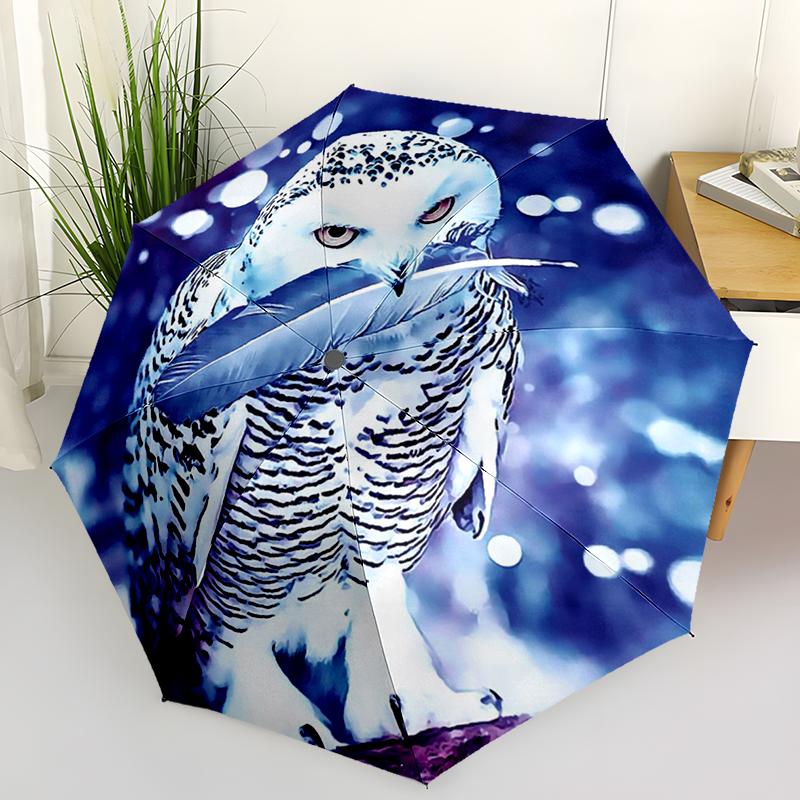 1PC Mysterious Snowy Owl Folding Umbrella Auto-Open Design 8 Iron Ribs Plastic Handle Foldable Sunshade Perfect Christmas Gifts