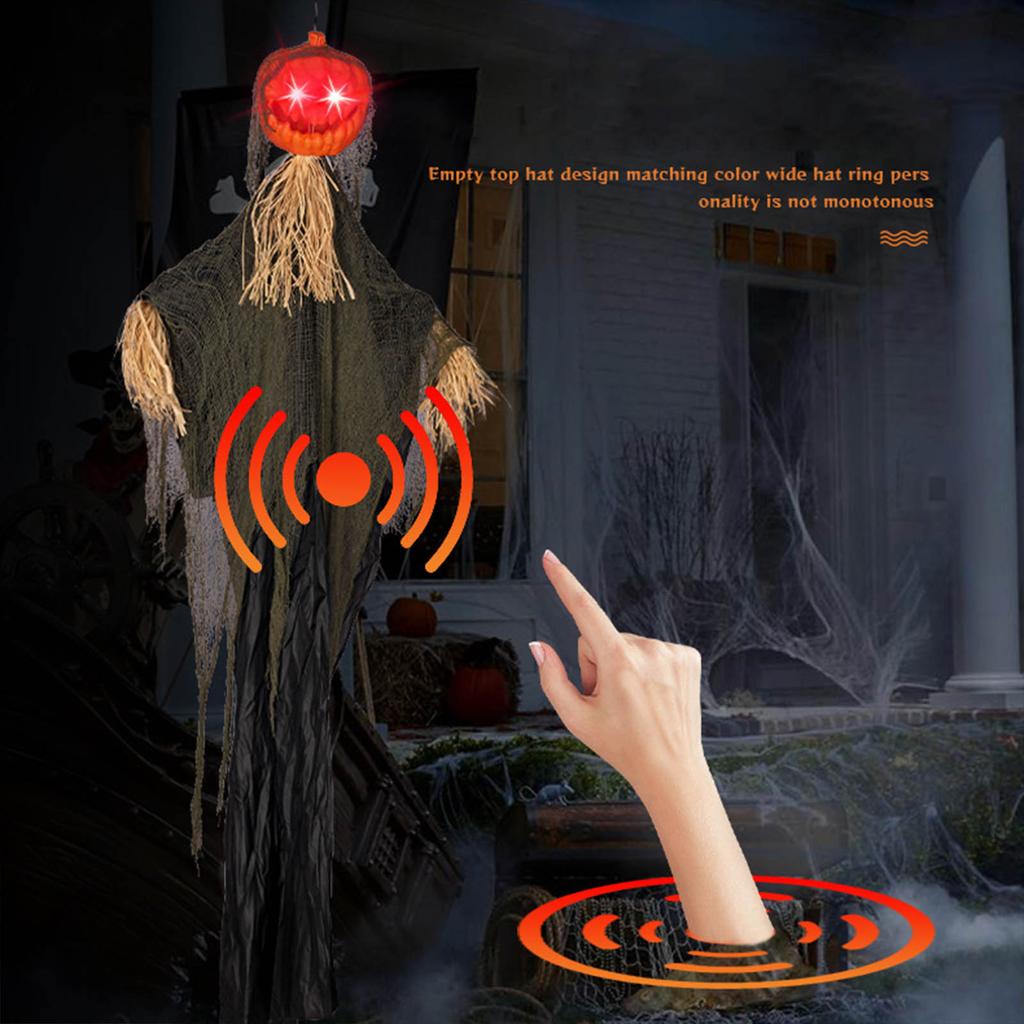 Horror Pumpkin Skull Hanging Ghost Decoration with Voice Control and Eerie Red Eyes Enhance the Spooky Atmosphere of Your Halloween Party