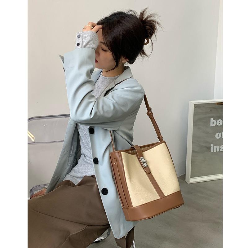 Cowhide Handbag Leather Bag Generation Contrasting Color Splicing Shoulder Bag Large-capacity Commuter Bucket Bag OEM