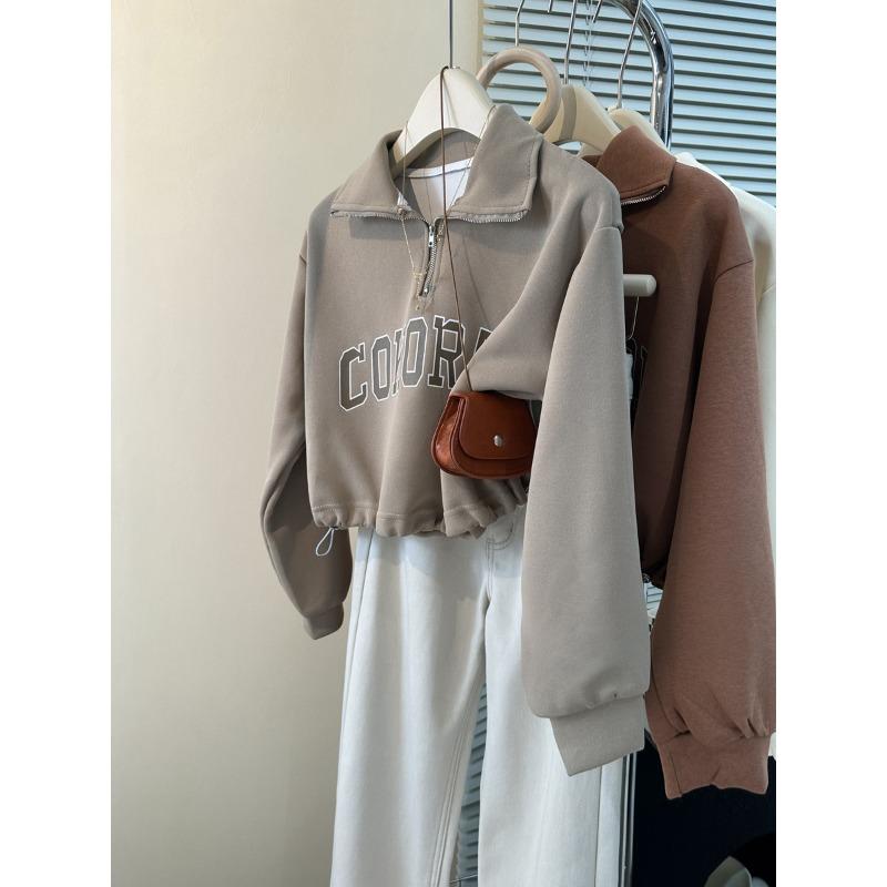 Short waist sweater women's autumn thin loose and thin half-zipper Plo collar printed top