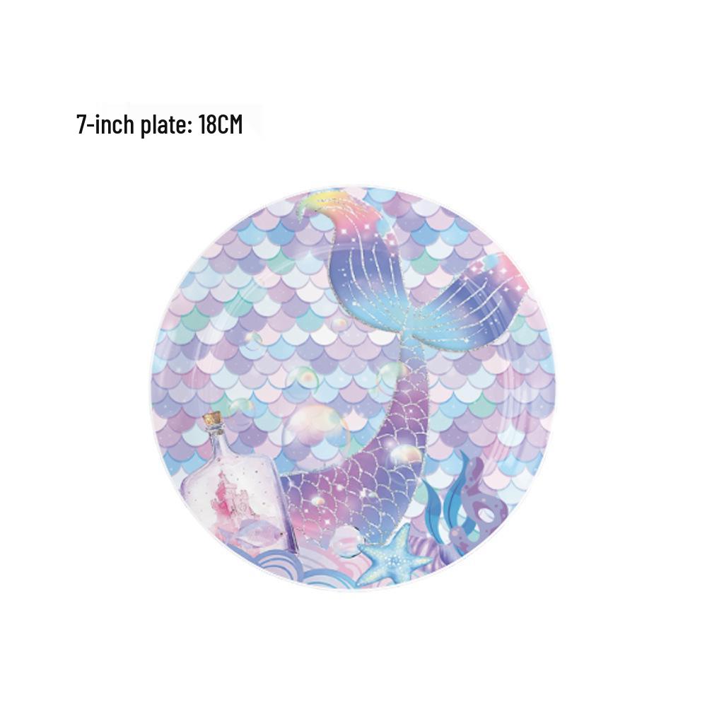 Mermaid Theme Party Supplies: Colorful Fish Scale Napkins, Plates, Cups, Flags, and Swirl Decorations