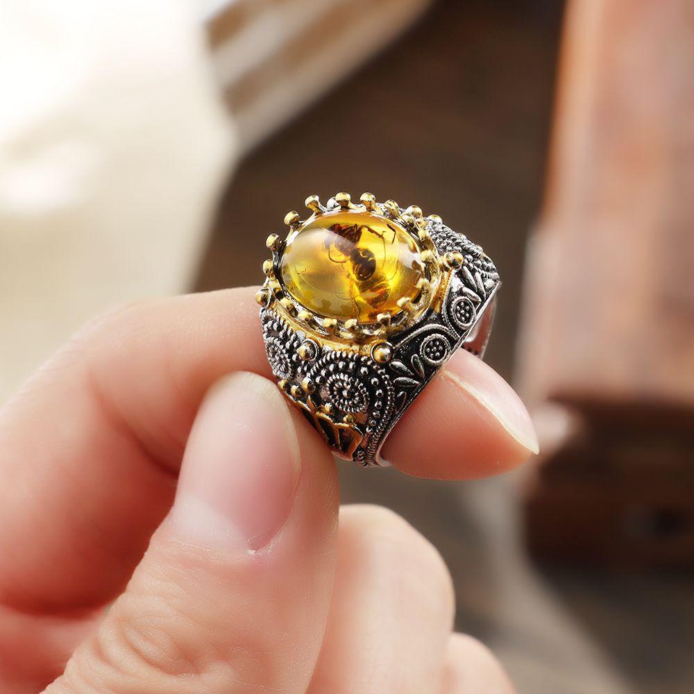 Wedding Handmade Carved Religious Muslim Jewelry Rings Men Women Ring Zircon Stone Yellow Red Ant