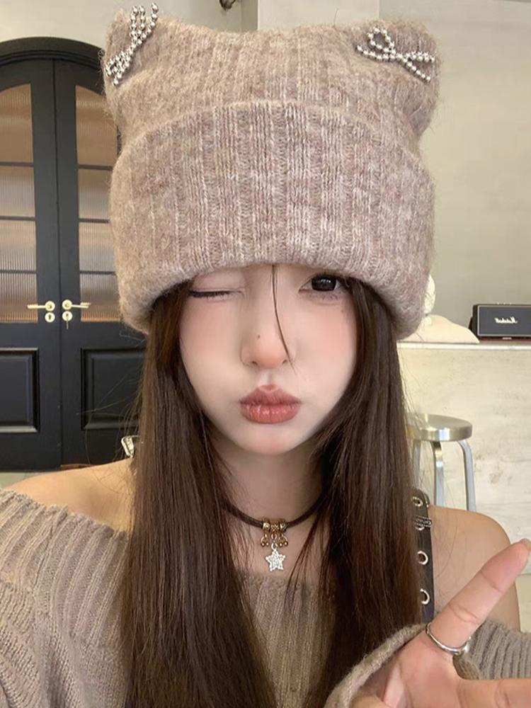 Winter Women Stretchy Sweet Cute Bow Hats Fashion Warm Beanie Hat Solid Knitted Skullies Adult Cover Head Caps Casual New Korean