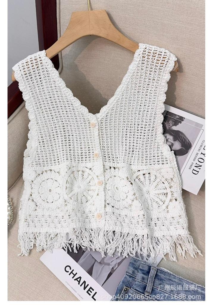 Hollow knitted vest cardigan women's outer wear, new loose short hook-up with shawl top in summer