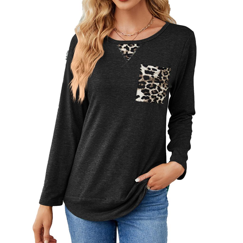 Vår og høst Dame Ny Mote Leopard Søm Langermet T-skjorte Damer Casual Topper