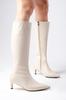 Women Modern Stylish Fashion Boots Faux Leather Carolina Beige Color Zipper Thin Faux Fur Lined Short Heeled Boots