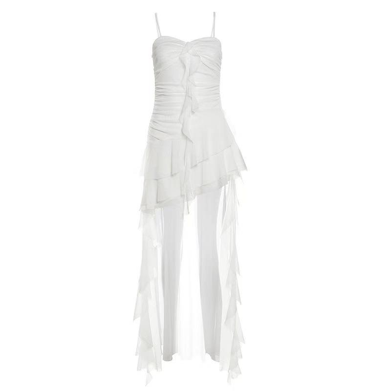 French Beautiful White Suspender Dress Women's Summer Slim Waist Trailing Skirt Gentle and Thin Super Fairy Dress