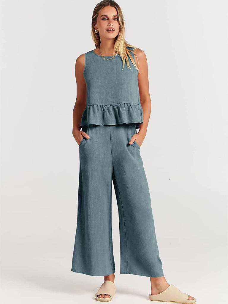 2025 Summer Women's Sleeveless Ruched Vest & Wide-Leg Cropped Pants Set