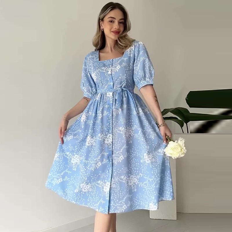 

Летнее платье с квадратным вырезом, пышными рукавами и завязкой на талии в европейско-американском стиле для женщин Medium небесно-голубой