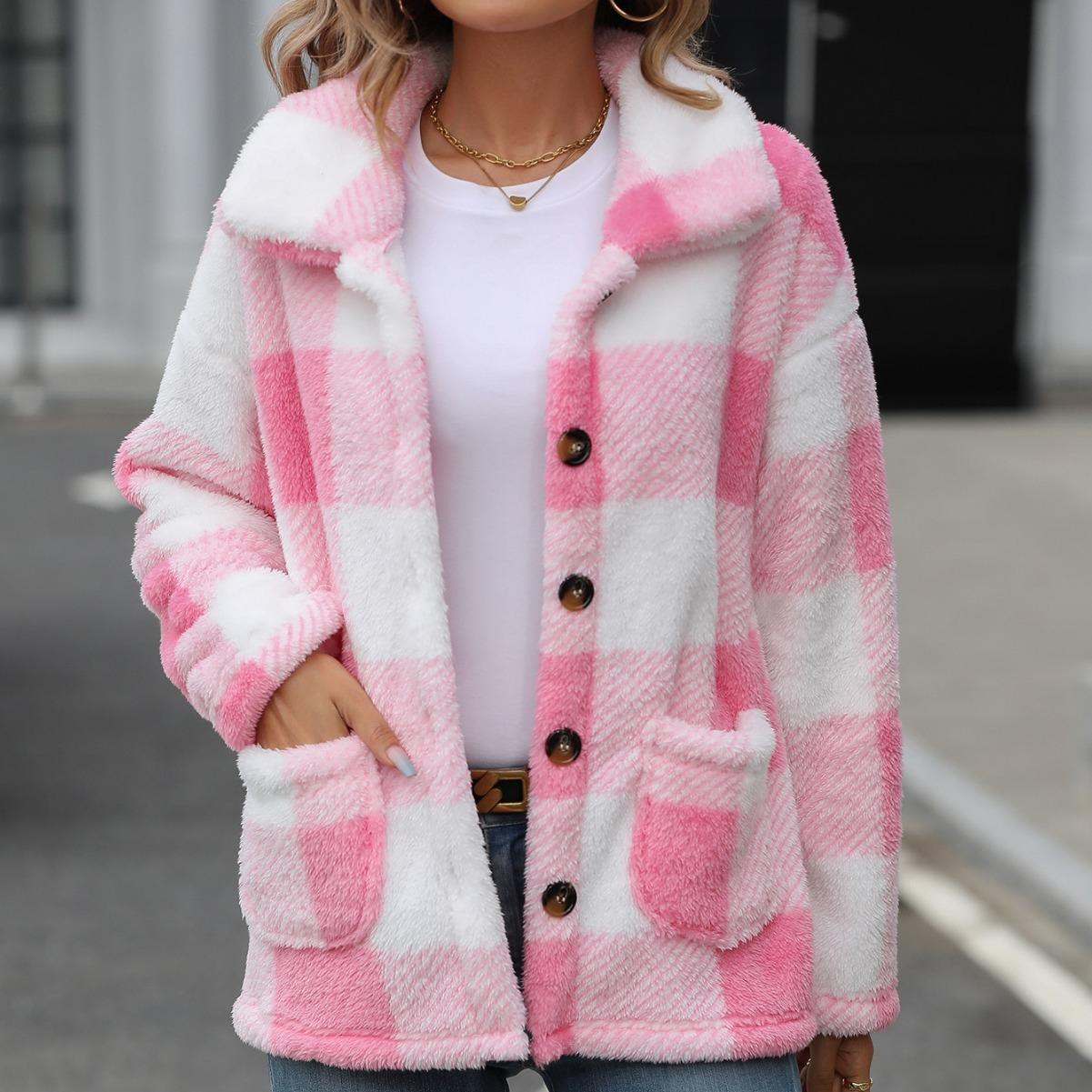 

GMXIA Fashion Autumn and Winter Women s Lapel Long-sleeved Mid-length Checked Single-breasted Double-sided Fleece Casual Jacket XXL