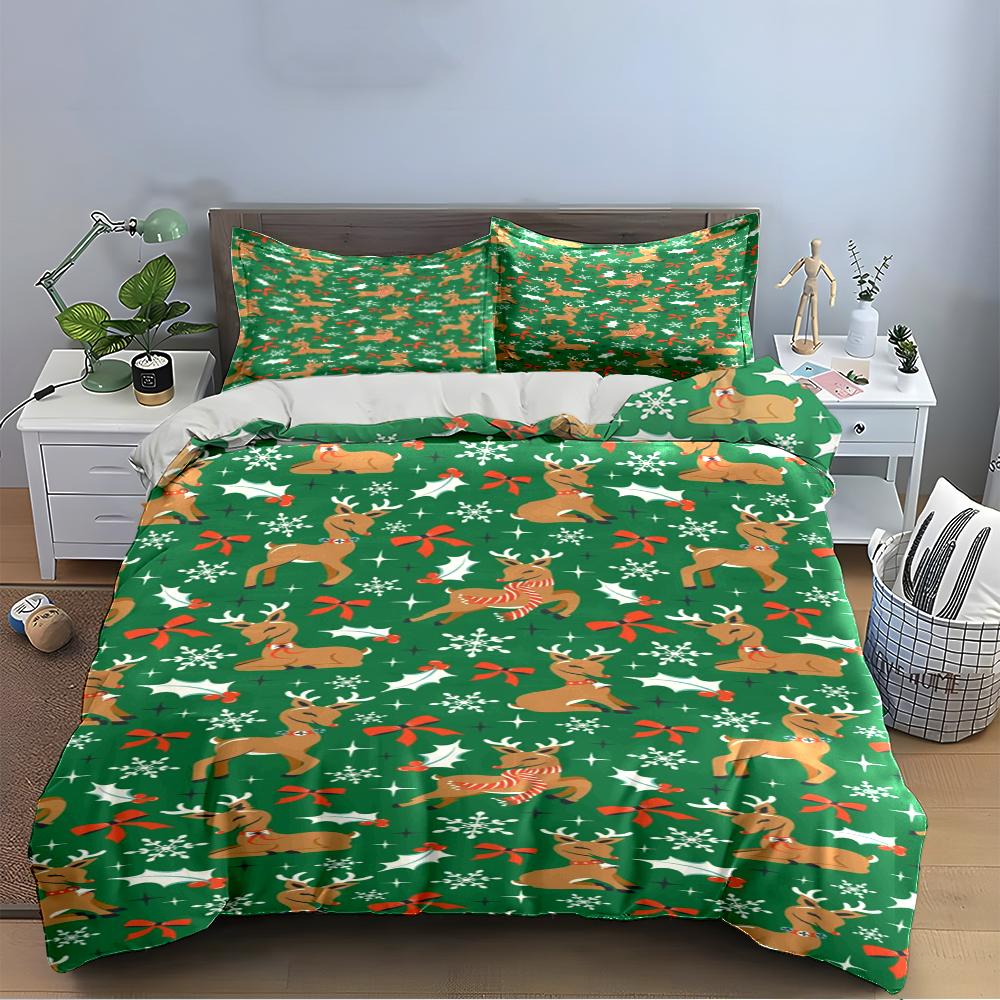Merry Christmas Festive Print Bedding Set (1 Duvet Cover, 2 Pillowcases, Duvet Not Included)