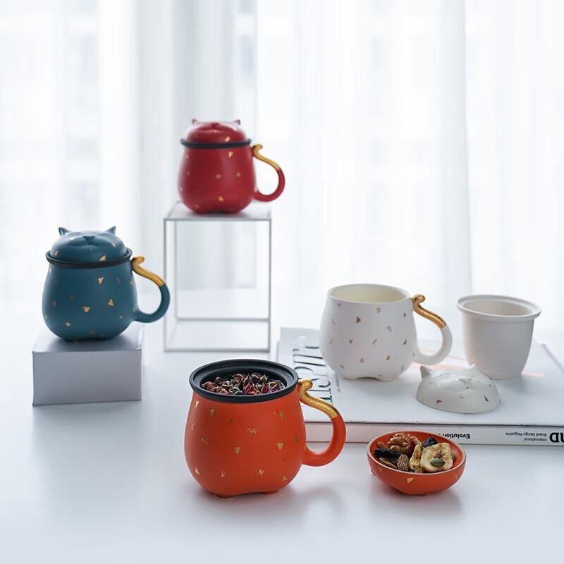 Wan Qiantang Lucky Cat Ceramic Tea Cup with Filter