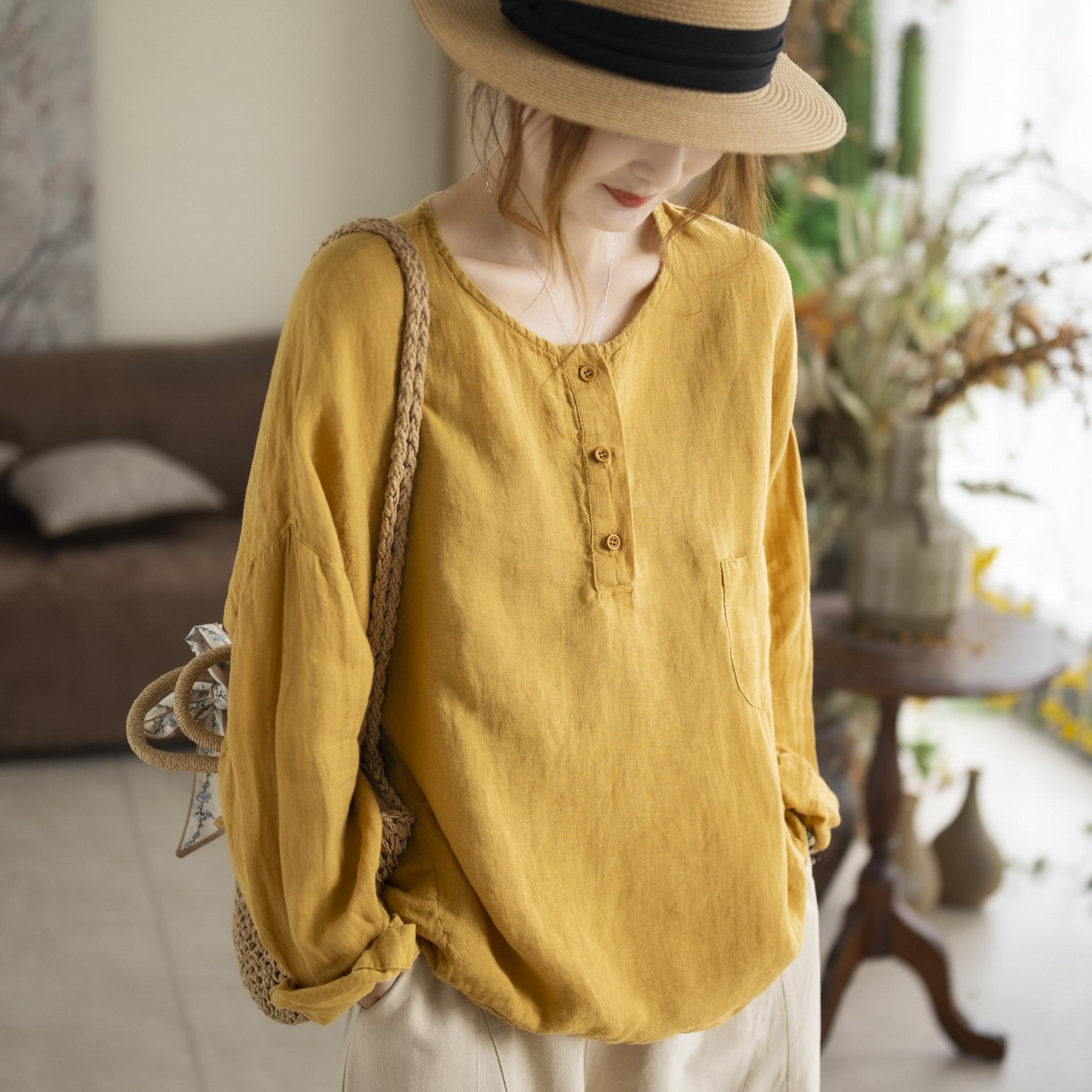 

Johnature Women Vintage T-Shirts Spring Chinese Style Button Patchwork Pockets Irregular Long Sleeve T-Shirts L жёлтый