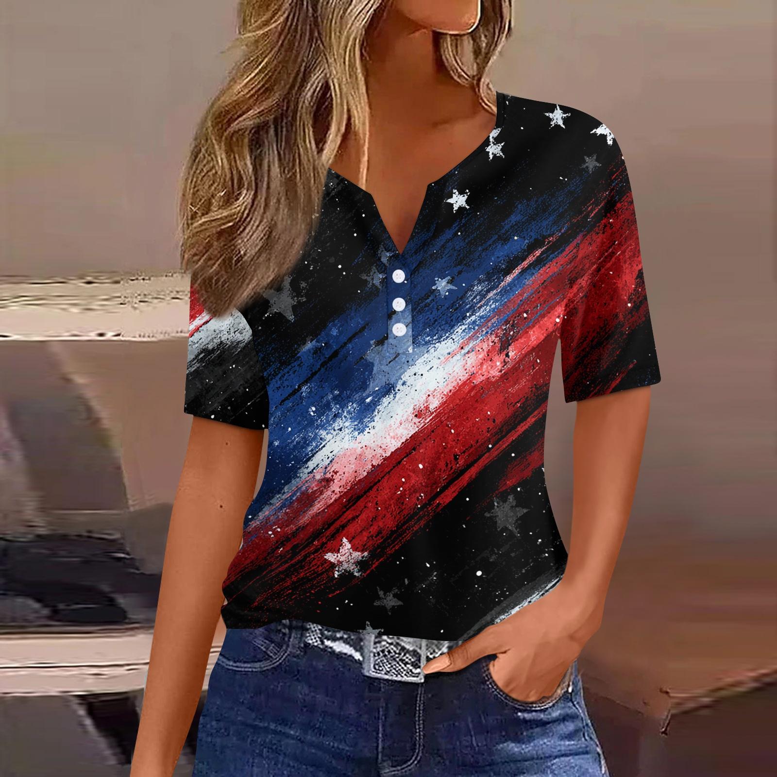 

Women s T Shirt Independence Day Print Button Short Sleeve Daily Weekend Fashion Basic V- Neck Regular Top S красный