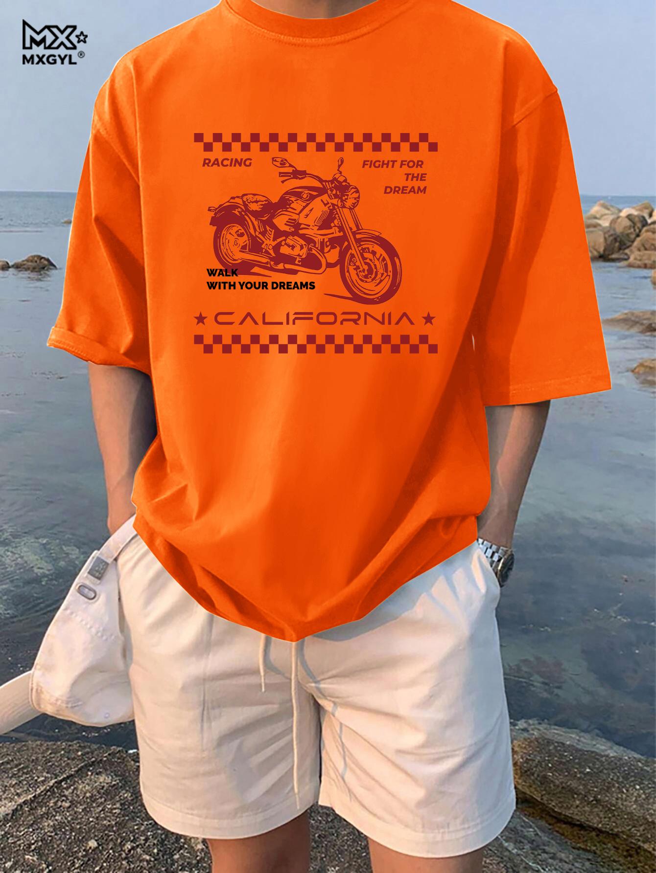 

2026 High Quality New Model Men Fashionable Casual Loose Retro Motorcycle Pattern Printed Round Neck Short Sleeved T-shirt 5xl помаранчевий