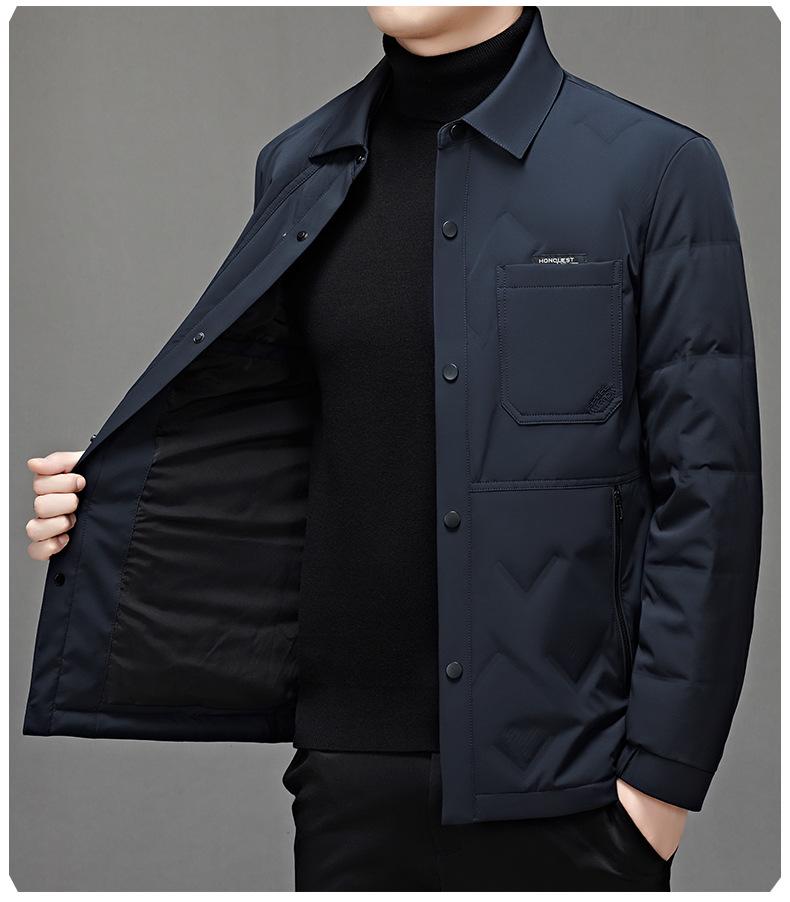 Men's White Shirt-Style Duck Down Jacket: Single-Breasted, Lapel, Warm, Business Casual Coat for Middle-Aged.