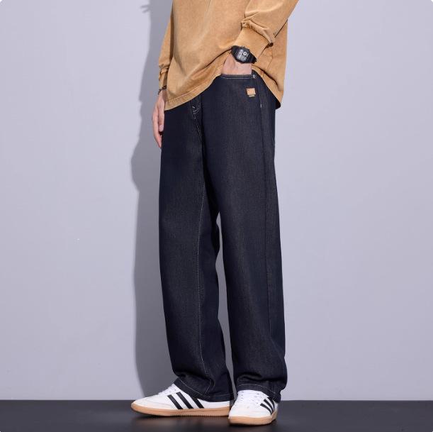 

2025 Осінні чоловічі сині джинси прямого крою, вільного крою, на флісовій підкладці, великих розмірів, в американському ретро-стилі, потовщені для тепла. 33 [150-160 lbs]