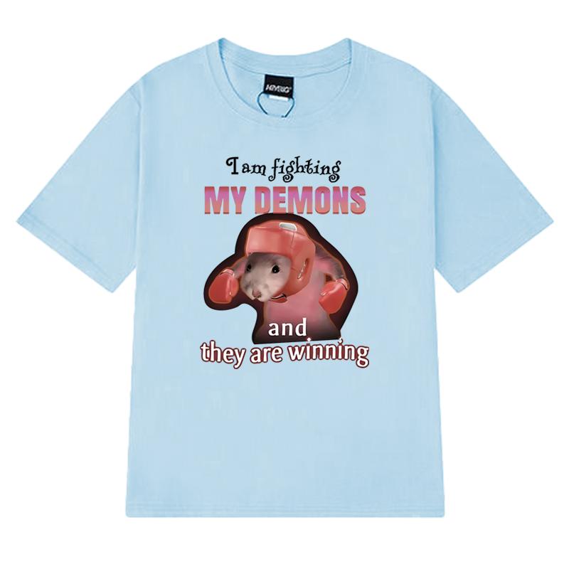 2025 Funny I Am Fighting My Demons and The Are Winning Rat Meme T shirt Unisex Casual short sleeve T-shirts Men Women Cotton Top