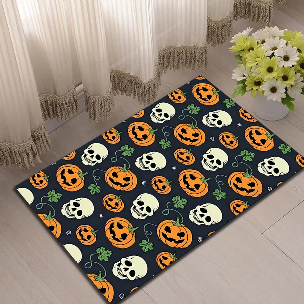Halloween Themed Crystal Velvet Area Rug - Large Polyester Skull and Pumpkin Pattern Floor Mat for Living Room, Bedroom, Game Ro