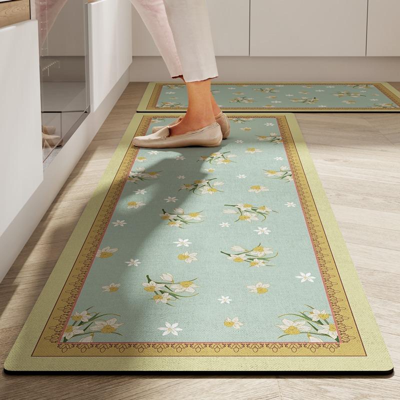 Kitchen Floor Mat Anti-Slip Oil-Proof Erasable Carpet Leather Pvc Waterproof Rug Beige Pattern Texture Home Decor Mats