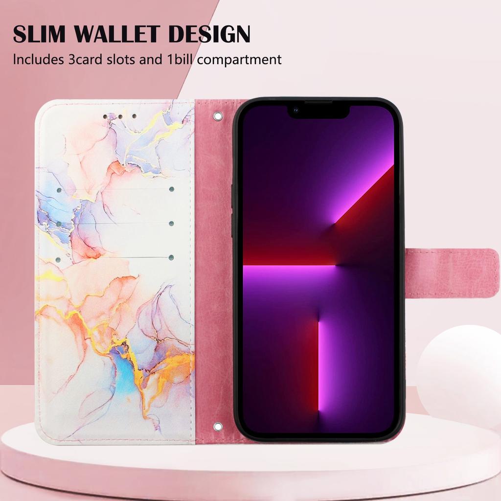 Applicable To iPhone16 Mobile Phone Leather Case Samsung S24 Marble Pattern Card Wallet Holder Protective Case 15Pro
