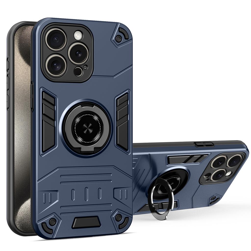 For iPhone 15 Pro Case with Ring Holder Kickstand PC + TPU Anti-Fall Phone Cover