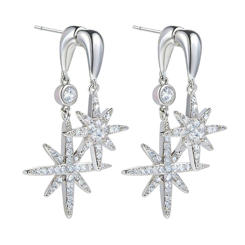 Elegant Eight Pointed Star Earrings With Double Pendant Design and Sparkling Zircon Versatile Fashion Ear Accessories