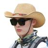 Men Women Outdoor Wide Brim  Straw  Panama Sun Hats Cowgirl Western Cowboy Fishing  Hat with Feather Belt Summer Beach