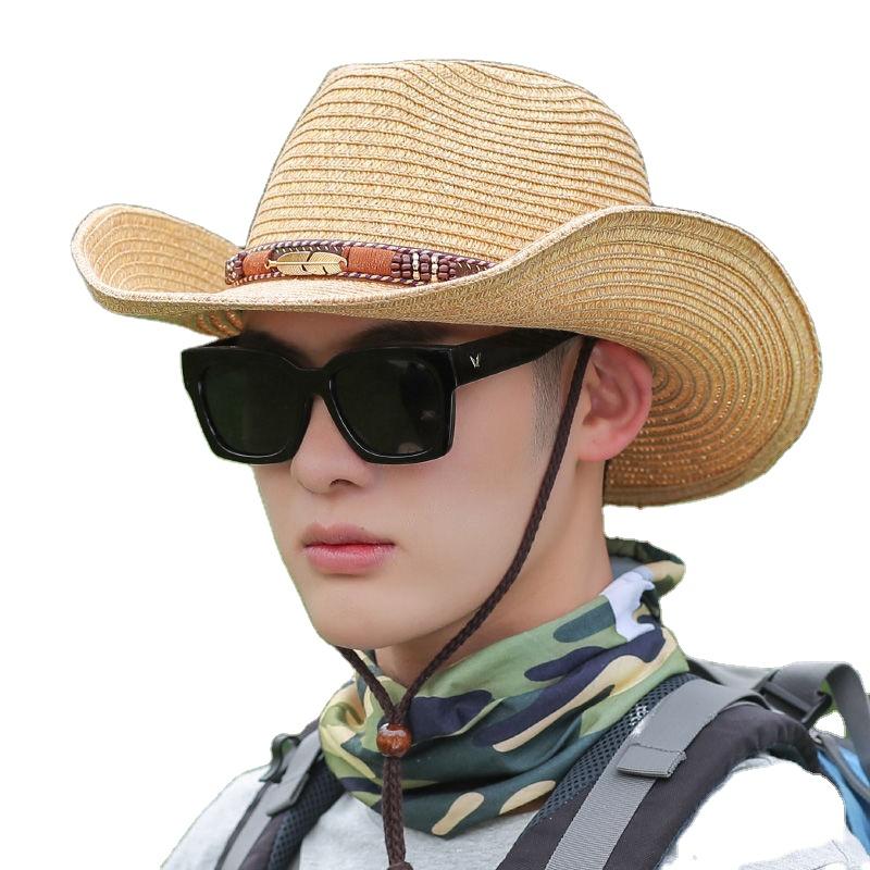Men Women Outdoor Wide Brim Straw Panama Sun Hats Cowgirl Western Cowboy Fishing Hat with Feather Belt Summer Beach