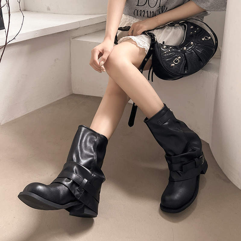 Western Jeans Tube Boots Women's Pleated Pile Black Wipe Round Head Vintage Thick Heel Knight Martin Boots Women's