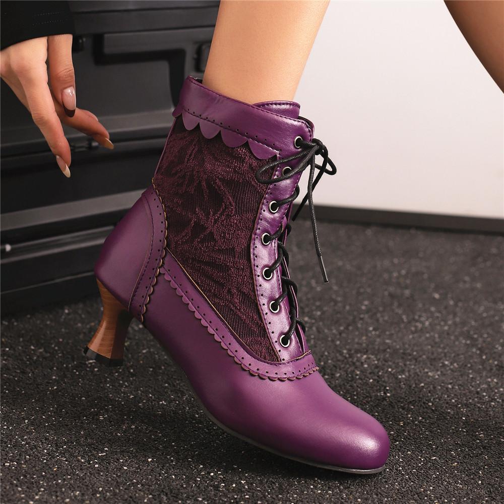 New Lace Up Ladies High Heel Shoes Strange Steampunk Boot Victorian Ankle Boots Women Pointed Toe Thick Soled Short Boots