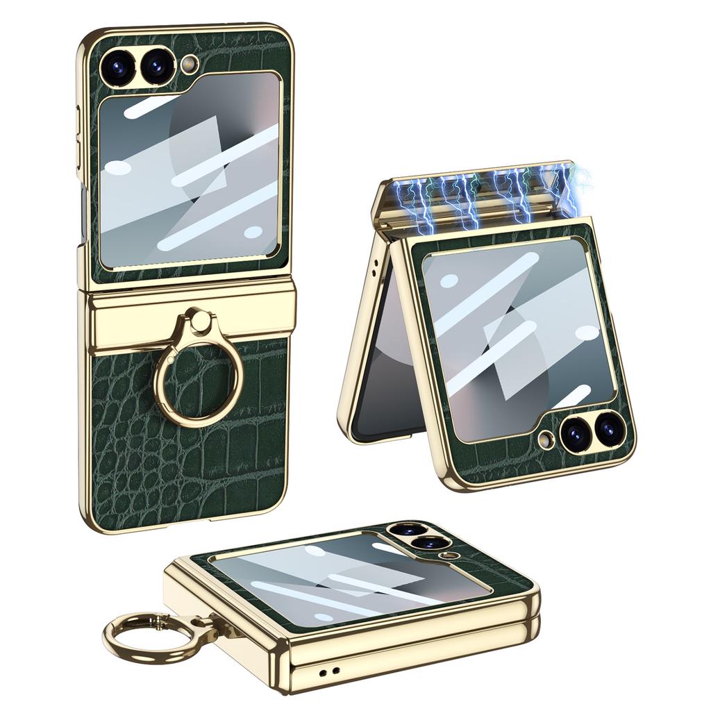 Luxury Plating Leather Case for Samsung Galaxy Z Flip 7 6 Magnetic All-included Hinge Ring Holder Cover for Galaxy Z Flip 5 Case