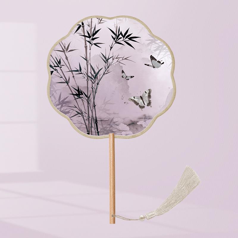 Girls' Summer Hanfu Dance Fan: Long Handle, Double-Sided Embroidered Round Fan for Traditional Costume