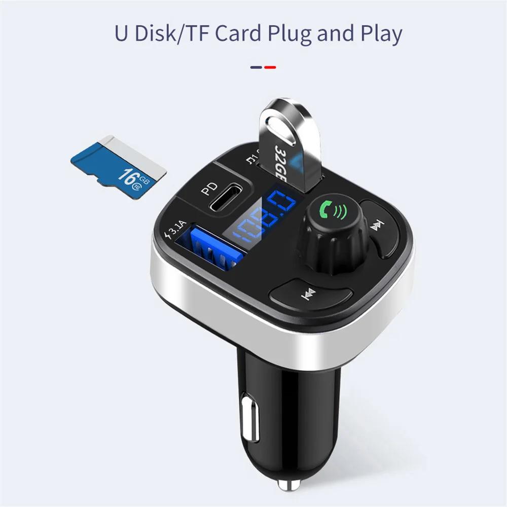 Car Bluetooth 5.0 FM Transmitter Dual USB PD Type C Fast Charge Car Charger Bluetooth Microphone Handsfree Car FM Modulator