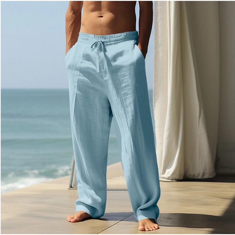 Men Linen Blend Elastic Waist Drawstring Wide Leg Pants