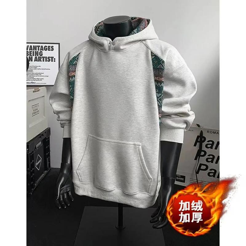 Men's Color Block Ethnic Style Fleece Lined Thickened Hoodie Autumn Winter New Style Designer Hoodie Stiff Inner Wear Jacket