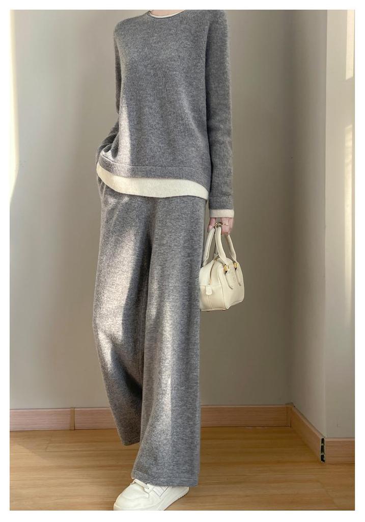 Women's 100% Wool Suit: Stylish Two-Piece Autumn/Winter Versatile Sweater & Pants Set