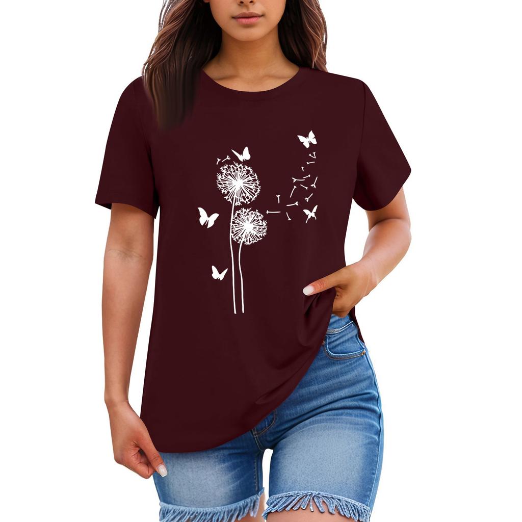 Ladies' Loose Comfortable Casual Fashionable Plant Flower Printed Round Neck Short Sleeved Shirt