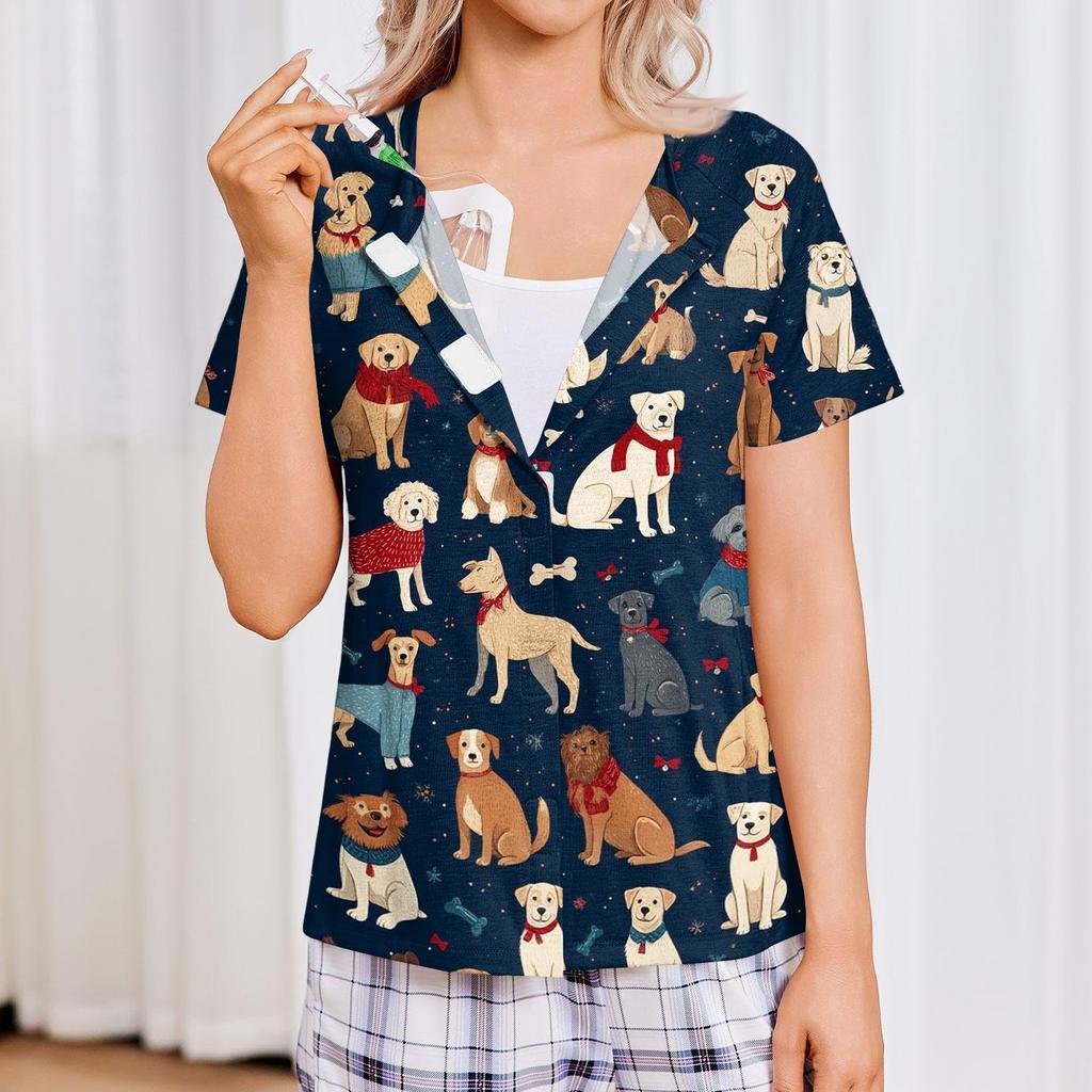 Women Post Surgery Shirt Striped Print Button Down Short Sleeve Four Pocket Top Lightweight Comfortable Fit Casual Wear