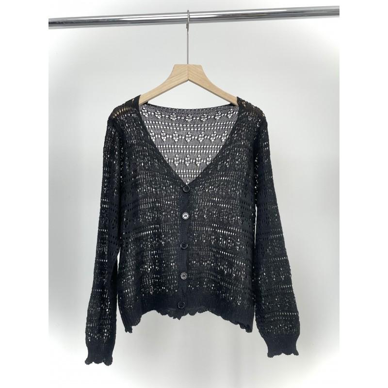 Lightweight Crochet Knit Cardigan With Buttons Sheer Mesh Cover-Up Beach Casual Wear