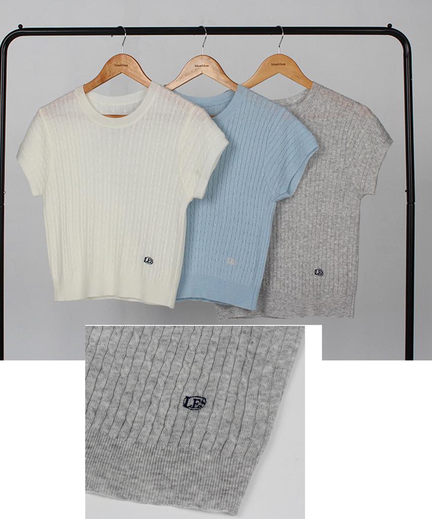 Ppaeppae Round Neck Cable Knit Short Sleeve Knit With Embroidery Details