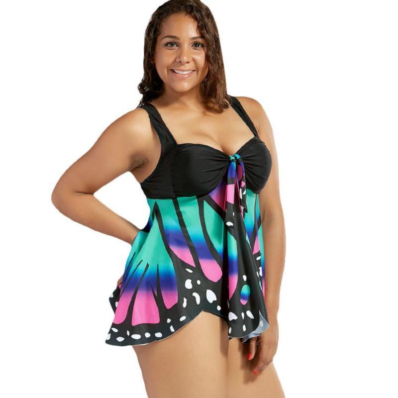 Übergröße Damen Schmetterlingsdruck Hohe Taille Blouson Tankini Stilvolle Bademode für Jeden Anlass