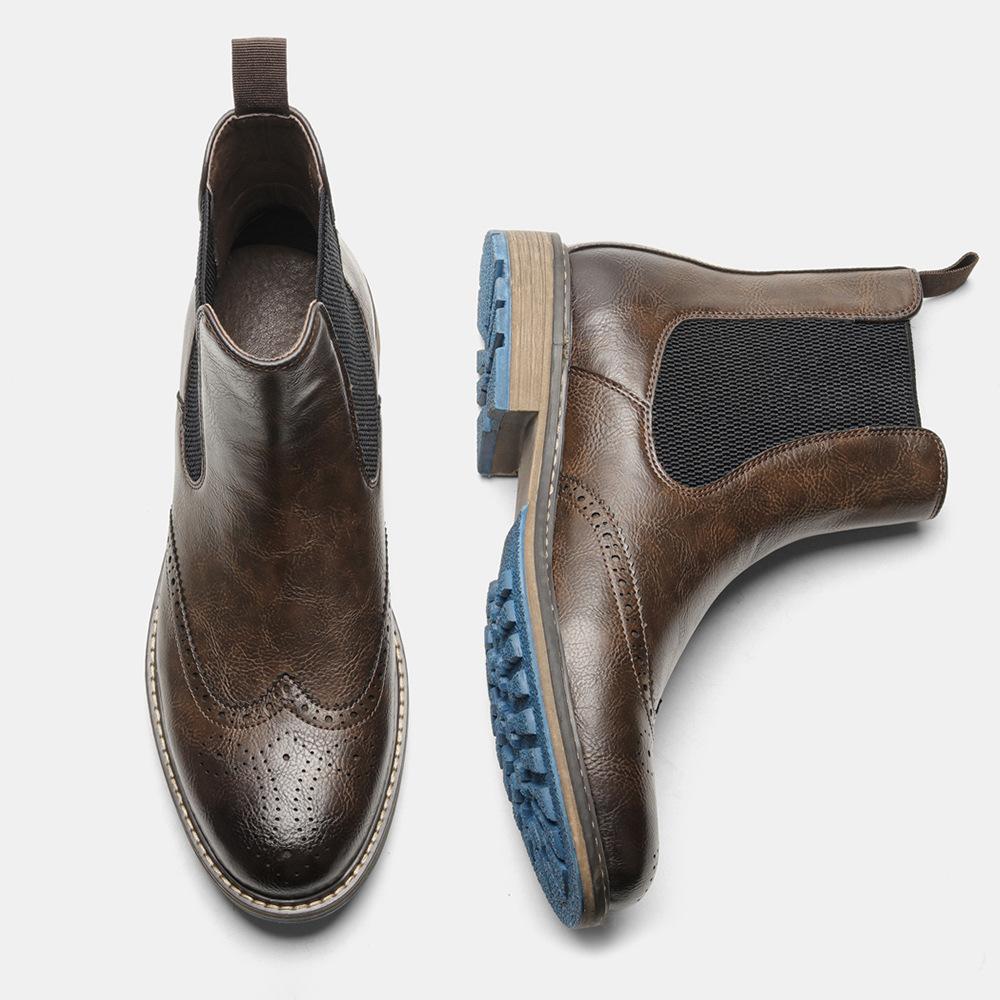 Cross-Border Chelsea Boots Men'S Retro Sleeve Mid-Top Engraved Foreign Trade Brock Single Boots Men'S Short Boots