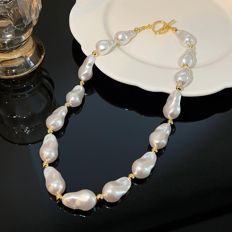 French Vintage Irregular Baroque Imitation Pearl Necklace Female Tide OT Buckle Neck Chain Personalized Clavicle Chain